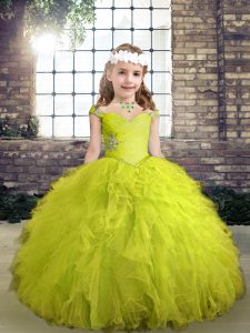 Custom Designed Yellow Green Tulle Lace Up Little Girls Pageant Gowns Sleeveless Floor Length Beading and Ruffles