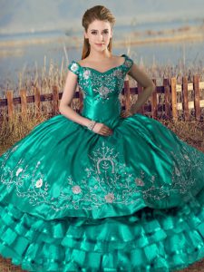 Adorable Ball Gowns Quinceanera Dress Turquoise Off The Shoulder Satin Sleeveless Floor Length Lace Up
