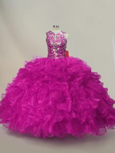 Decent Fuchsia Lace Up Scoop Ruffles and Sequins Quince Ball Gowns Organza Sleeveless