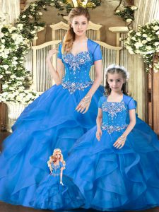 Blue Lace Up Sweetheart Beading and Ruffles Ball Gown Prom Dress Tulle Sleeveless