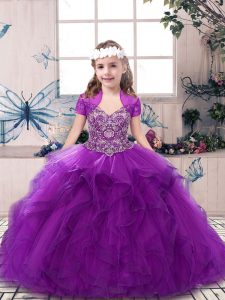 Dazzling Purple Tulle Lace Up Kids Pageant Dress Sleeveless Floor Length Beading and Ruffles