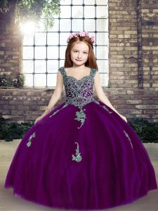 Purple Lace Up Straps Appliques Pageant Gowns For Girls Tulle Sleeveless