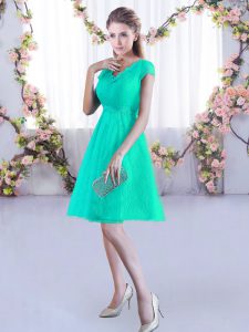 Turquoise A-line Lace V-neck Cap Sleeves Ruching Mini Length Lace Up Dama Dress