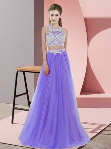Dazzling Lavender Tulle Zipper Halter Top Sleeveless Floor Length Court Dresses for Sweet 16 Lace