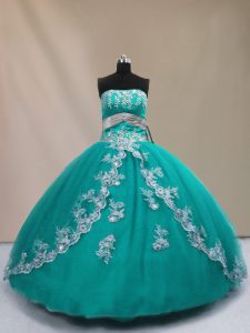 Beautiful Turquoise Sleeveless Floor Length Appliques Lace Up Quinceanera Dresses