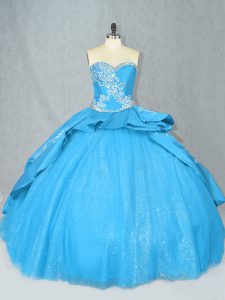 Baby Blue Lace Up Sweetheart Embroidery 15th Birthday Dress Satin and Tulle Sleeveless Court Train