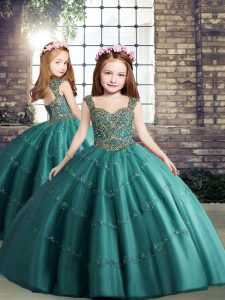 Straps Sleeveless Lace Up Kids Formal Wear Teal Tulle