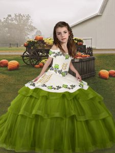 Elegant Floor Length Lace Up Kids Pageant Dress Olive Green for Party and Military Ball and Wedding Party with Embroidery and Ruffled Layers