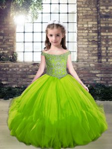 Off The Shoulder Sleeveless Lace Up Kids Formal Wear Green Tulle