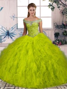 Fashion Tulle Off The Shoulder Sleeveless Brush Train Lace Up Beading and Ruffles 15 Quinceanera Dress in Olive Green