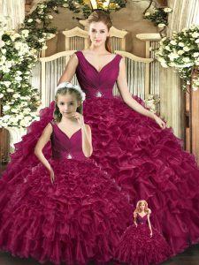 Burgundy Quinceanera Dresses For with Beading and Ruffles V-neck Sleeveless Backless