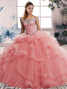 Watermelon Red Ball Gowns Off The Shoulder Sleeveless Tulle Floor Length Lace Up Beading and Ruffles Quinceanera Dress