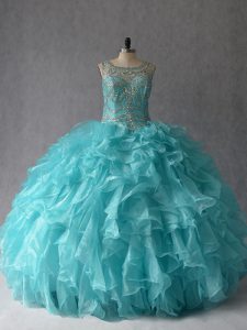 Scoop Sleeveless Lace Up Quinceanera Gowns Aqua Blue Organza