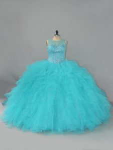 Aqua Blue Ball Gowns Tulle Scoop Sleeveless Beading and Ruffles Floor Length Lace Up Sweet 16 Quinceanera Dress