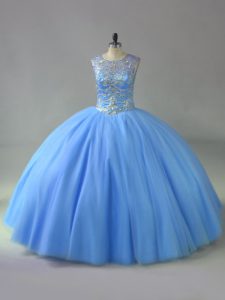 Spectacular Blue Quinceanera Dresses Sweet 16 and Quinceanera with Beading Scoop Sleeveless Lace Up