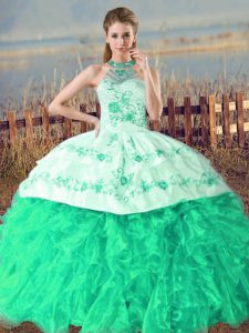 Sophisticated Halter Top Sleeveless Organza Sweet 16 Quinceanera Dress Embroidery and Ruffles Court Train Lace Up