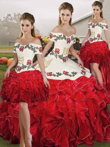 Beauteous White And Red Organza Lace Up Off The Shoulder Sleeveless Floor Length 15 Quinceanera Dress Embroidery and Ruffles