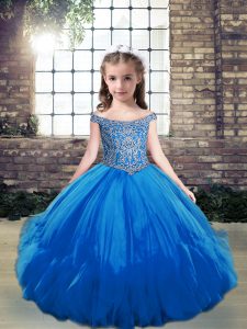 Blue Sleeveless Floor Length Beading Lace Up Girls Pageant Dresses