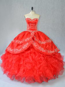 Organza Sweetheart Sleeveless Side Zipper Embroidery and Ruffles Quinceanera Dresses in Red