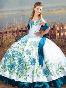 Inexpensive Blue And White Sleeveless Floor Length Embroidery and Ruffles Lace Up Sweet 16 Quinceanera Dress