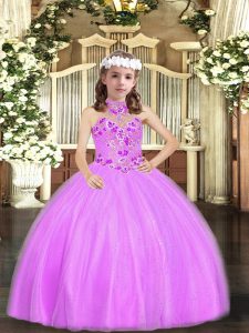 Latest Lilac Halter Top Neckline Appliques Little Girl Pageant Gowns Sleeveless Lace Up