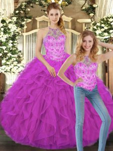 Fuchsia Sleeveless Floor Length Beading and Ruffles Lace Up Sweet 16 Quinceanera Dress
