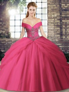Custom Designed Sleeveless Tulle Brush Train Lace Up Quince Ball Gowns in Hot Pink with Beading and Pick Ups