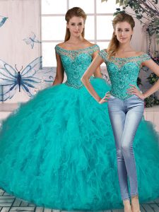 Beading and Ruffles Ball Gown Prom Dress Aqua Blue Lace Up Sleeveless Brush Train