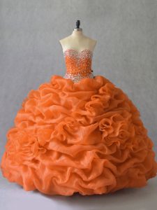 Inexpensive Orange Sleeveless Beading and Pick Ups Floor Length Quinceanera Gown