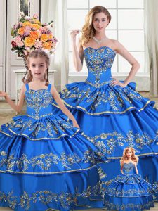 Royal Blue Sleeveless Satin and Organza Lace Up Quince Ball Gowns for Sweet 16 and Quinceanera