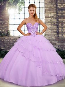 Fantastic Lilac Tulle Lace Up Sweetheart Sleeveless Quinceanera Dress Brush Train Beading and Ruffled Layers