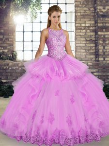 Elegant Floor Length Lace Up Sweet 16 Dress Lilac for Military Ball and Sweet 16 and Quinceanera with Lace and Embroidery and Ruffles