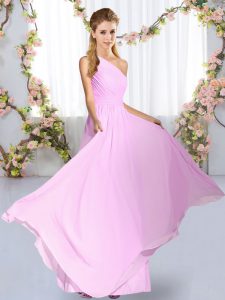 One Shoulder Sleeveless Damas Dress Floor Length Ruching Lilac Chiffon