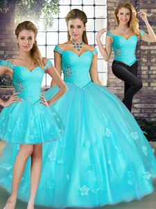 Aqua Blue Three Pieces Off The Shoulder Sleeveless Tulle Floor Length Lace Up Beading and Appliques Sweet 16 Quinceanera Dress