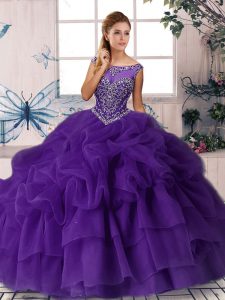 Brush Train Ball Gowns Ball Gown Prom Dress Purple Scoop Organza Sleeveless Zipper