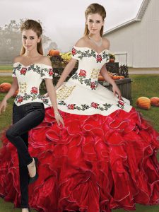 Fitting White And Red Two Pieces Off The Shoulder Sleeveless Organza Floor Length Lace Up Embroidery and Ruffles Quinceanera Dresses