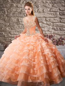 Adorable Straps Sleeveless Quince Ball Gowns Court Train Beading and Ruffled Layers Orange Organza