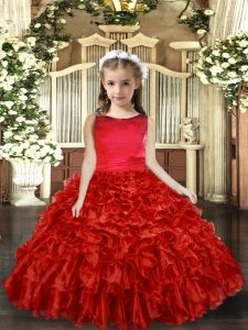 High Class Floor Length Red Custom Made Pageant Dress Organza Sleeveless Ruffles