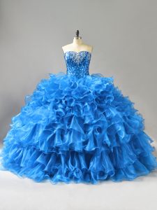 Beading and Ruffles and Sequins Sweet 16 Quinceanera Dress Blue Lace Up Sleeveless Floor Length