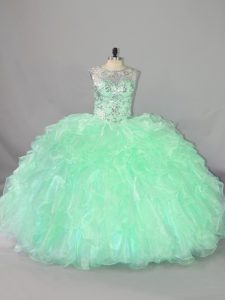 Sleeveless Organza Floor Length Lace Up Sweet 16 Dress in Apple Green with Beading and Ruffles