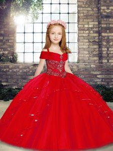 Sleeveless Tulle Floor Length Lace Up Little Girls Pageant Gowns in Red with Beading