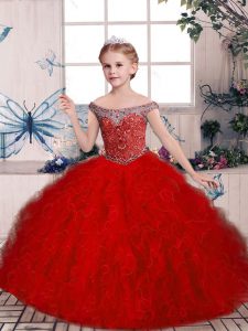 Off The Shoulder Sleeveless Lace Up Little Girl Pageant Dress Red Tulle