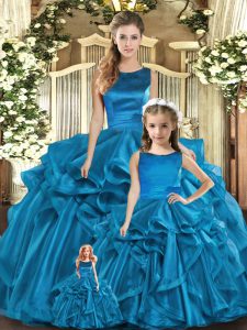 Shining Teal Ball Gowns Organza Scoop Sleeveless Ruffles Floor Length Lace Up Quinceanera Gown