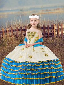 Most Popular Baby Blue Sleeveless Floor Length Beading and Embroidery and Ruffled Layers Lace Up Kids Formal Wear