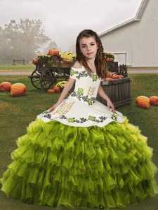 Olive Green Sleeveless Floor Length Ruffled Layers Lace Up Little Girl Pageant Dress