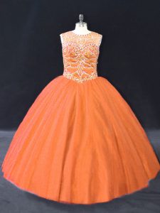 Trendy Floor Length Orange Ball Gown Prom Dress Tulle Sleeveless Beading