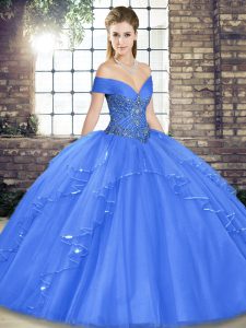 Fine Sleeveless Floor Length Beading and Ruffles Lace Up Quinceanera Gowns with Blue