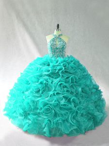 Aqua Blue Quince Ball Gowns Sweet 16 and Quinceanera with Beading and Ruffles Halter Top Sleeveless Brush Train Lace Up