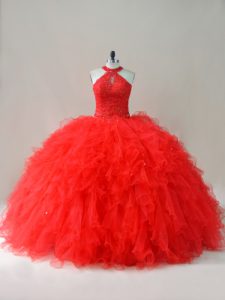 Unique Halter Top Sleeveless Tulle Ball Gown Prom Dress Beading and Ruffles Lace Up