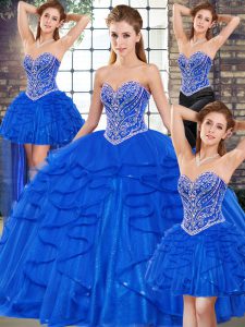 Royal Blue Sleeveless Tulle Lace Up Ball Gown Prom Dress for Military Ball and Sweet 16 and Quinceanera